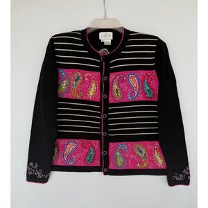 Just B Black Paisley Beaded Sequin Cardigan Sweater Medium Wearable Art Eclectic